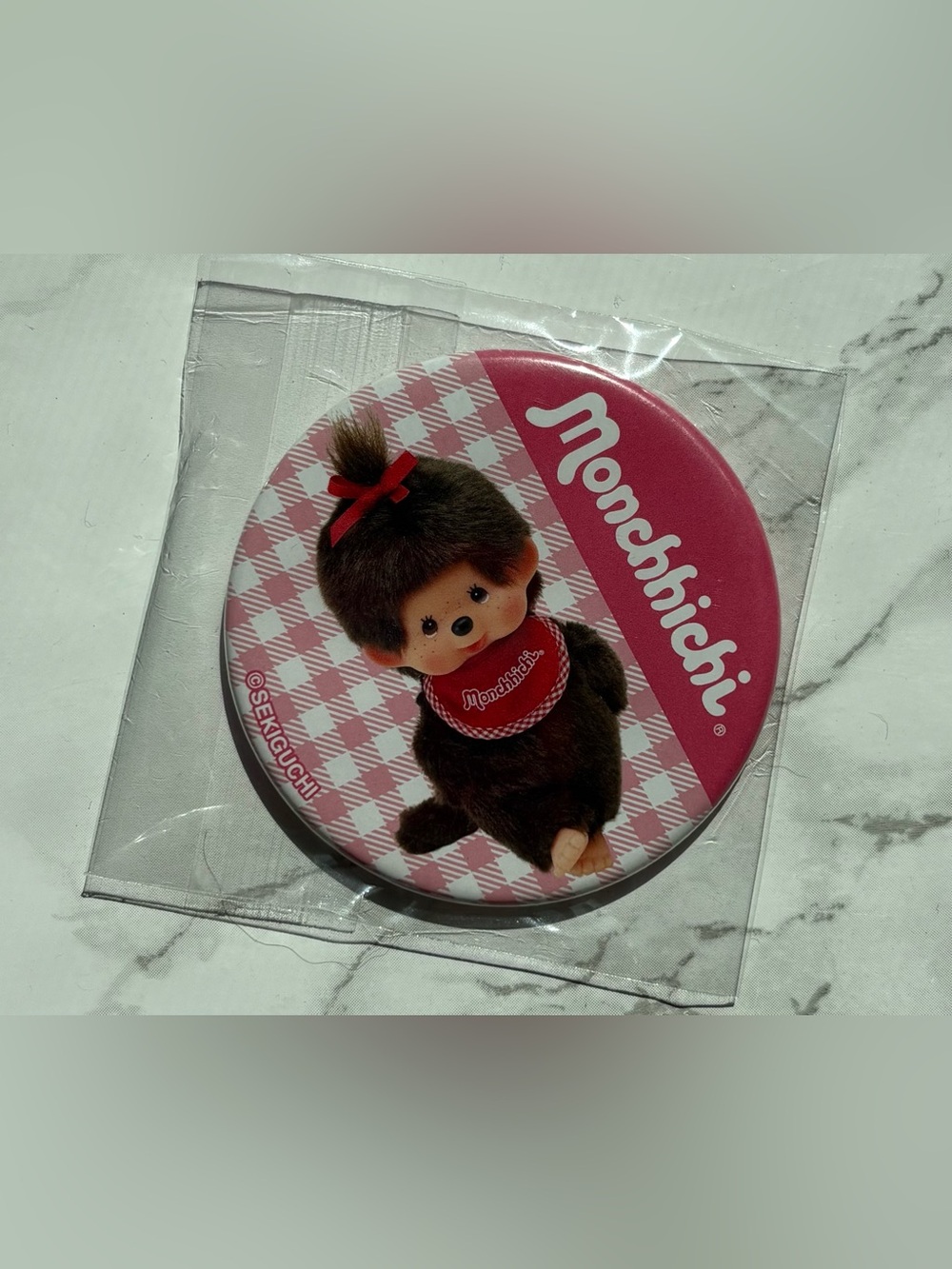 Sekiguchi Monchhichi Pink Gingham Button pin NEW kawaii